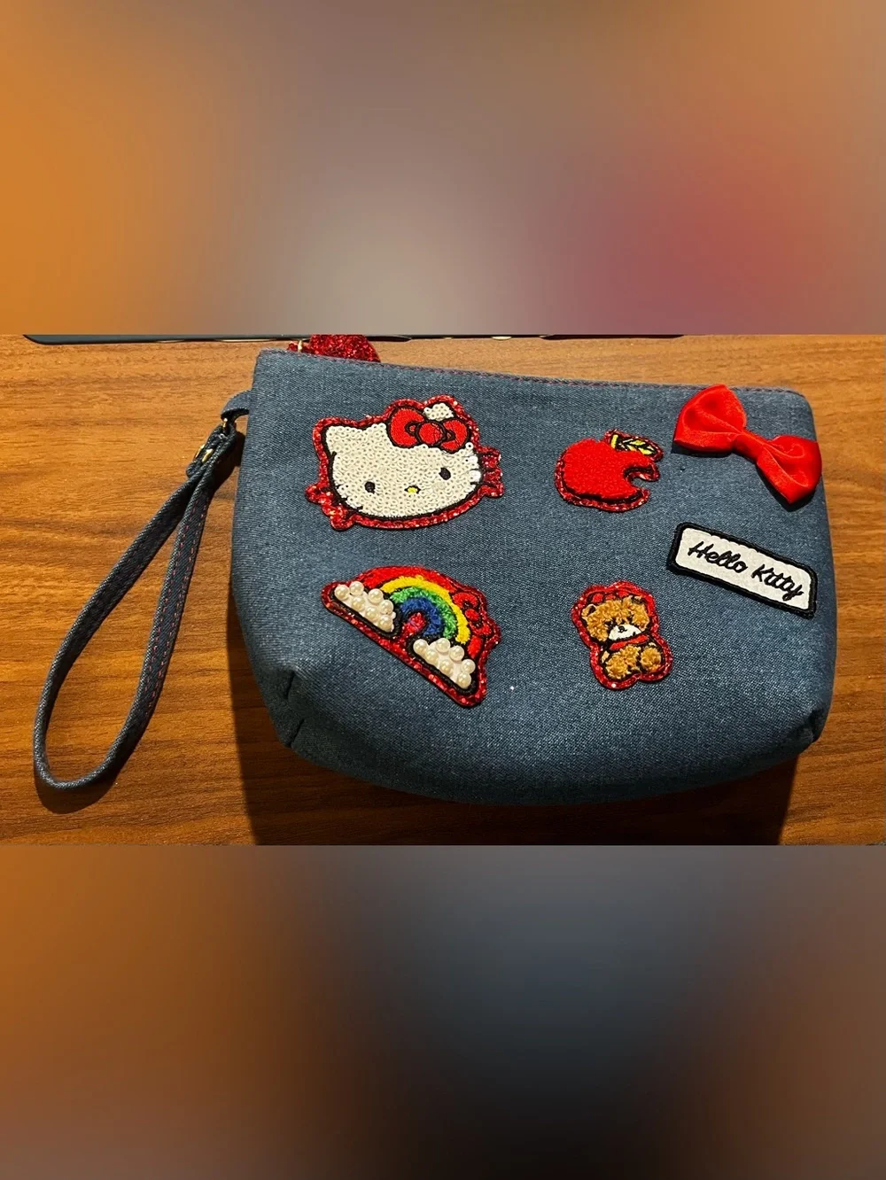 Hello Kitty Denim Wristlet Pouch Sanrio Sequin Patch Cosmetic Bag Kawaii